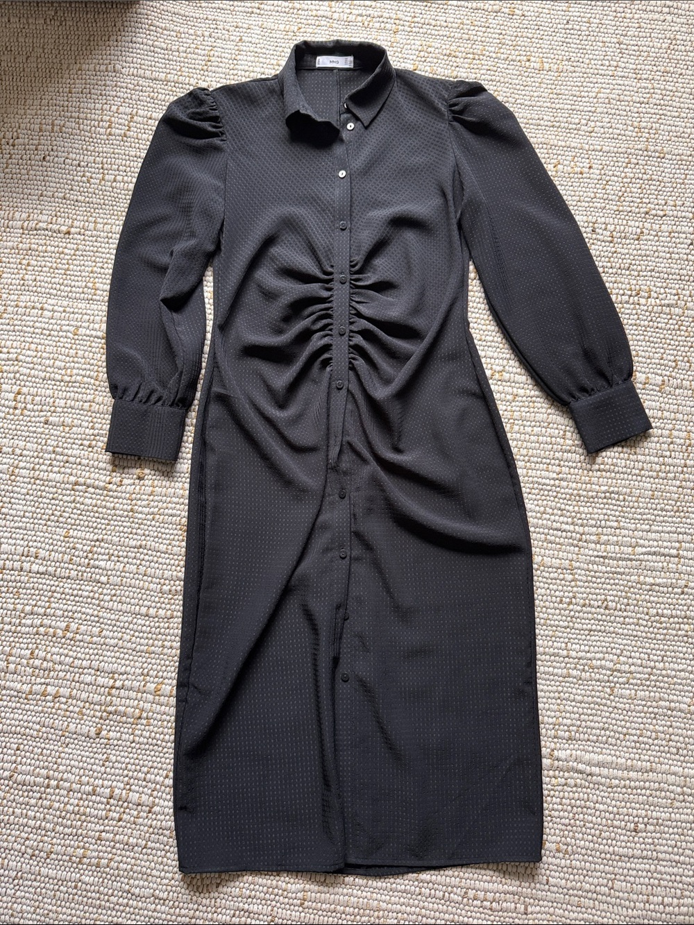 Mango Black Button-Front Ruched Long Sleeve Shirt Dress